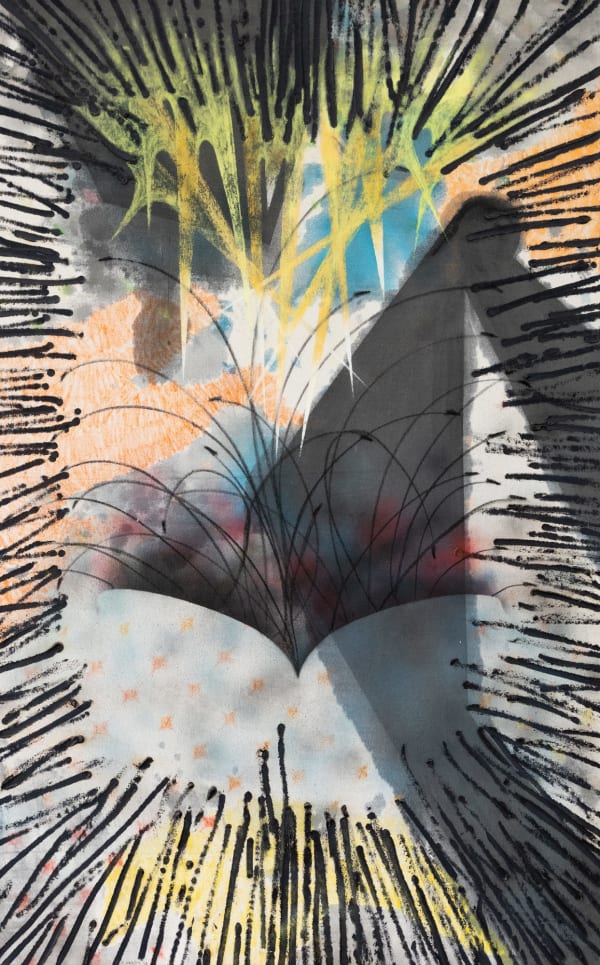 Jonathan Sölanke Gathaara Fraser, Calculations for an Enclosed Space, 2024, tempera, charcoal, soft pastel, oil pastel, spray paint, and india ink on cotton canvas, 55 1⁄8 × 34 5⁄8