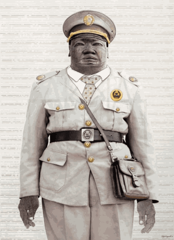 Filipe Branquinho, Líder Comunitário (Community Leader), from the Lipiko series, 2019. Mixed media on Innova 100 percent cotton rag 315 gsm paper, 140 x 112 cm. Courtesy AKKA Project