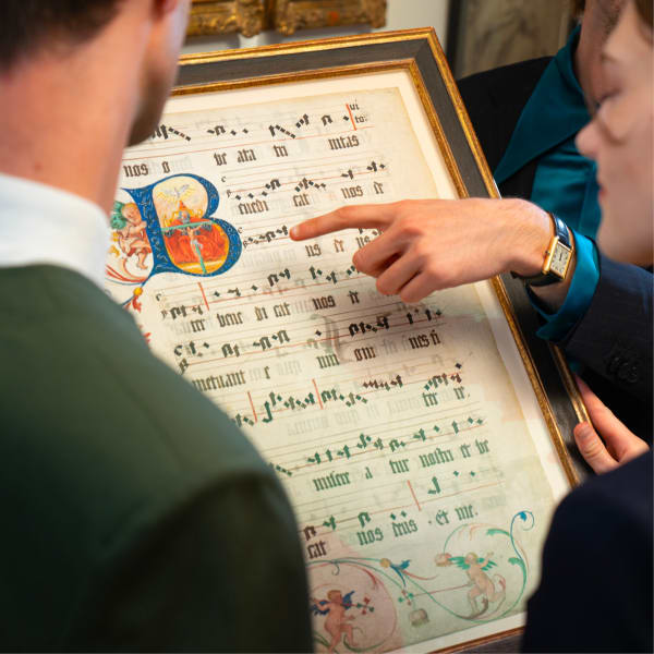 a close up detail of a illuminated leaf from a choirbook realized in Germany in 1550.