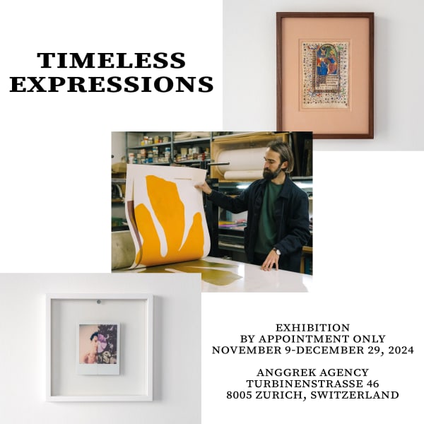 Timeless Expressions exhibition at Anggrek Agency, Zurich, showcasing framed artworks, including an illuminated manuscript leaf, and a person examining a large print, November 9 - December 29, 2024.