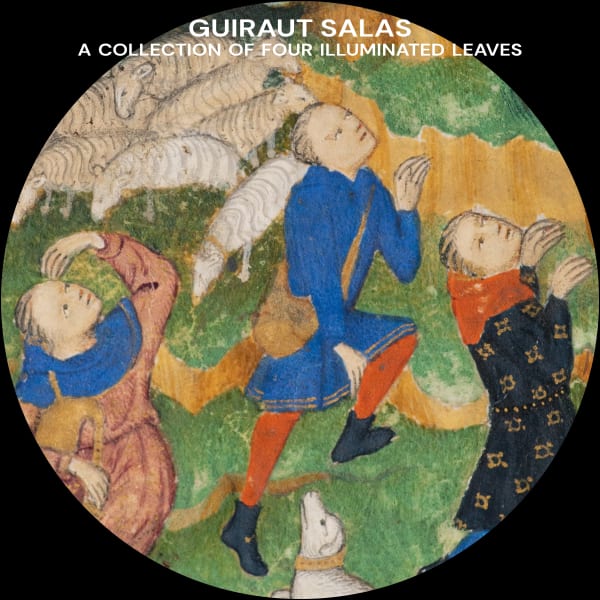 Guiraut Salas: A collection of four illuminated leaves featuring detailed medieval artwork with figures and sheep.