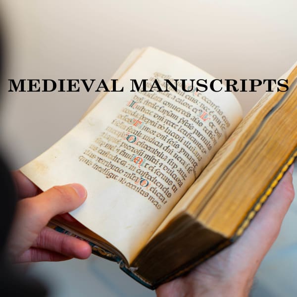 Image a person holding in his hands a rare illuminated manuscript from the Middle Ages.