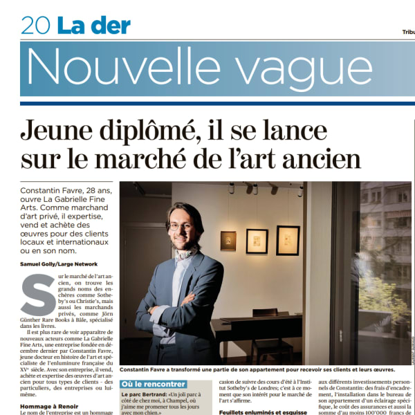 detail of the article published in the Tribune de Genève about Constantin Favre opening his business, LA GABRIELLE FINE ARTS SA