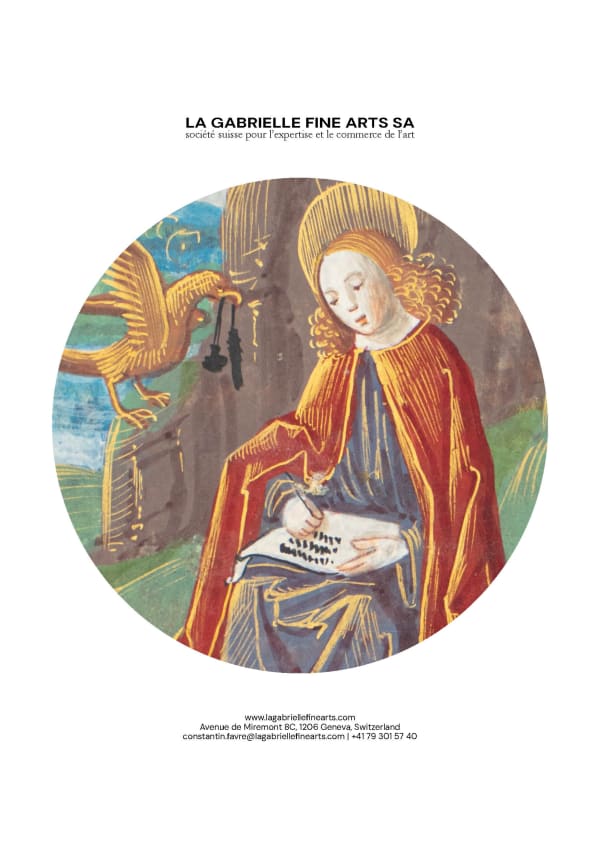 Cover of a book published by the gallery La Gabrielle Fine Arts SA, showing a detail of an illuminated manuscript.