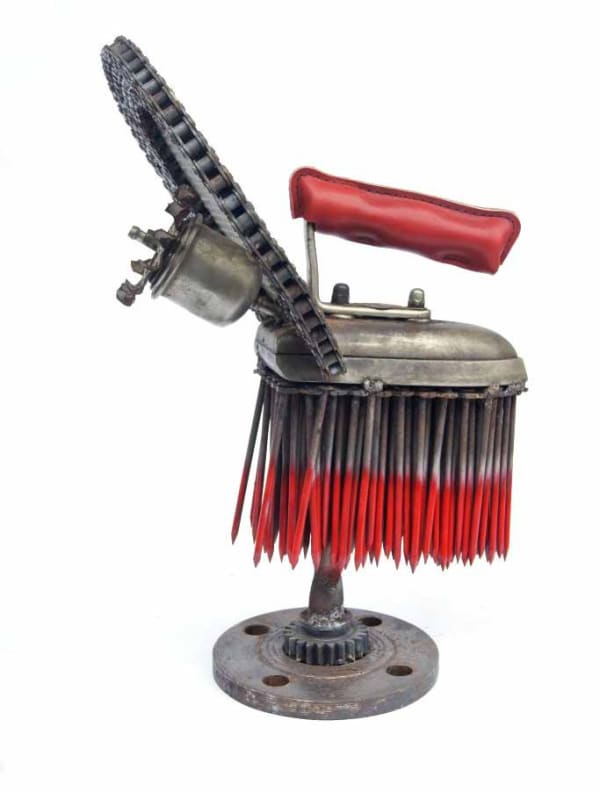 To the Fabrics of Brutality 2016 Steel, leather and enamel