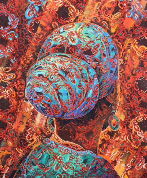 The Turquoise Scarf, Golden Light 2012 Acrylic on ankara fabric 175 x 144cm