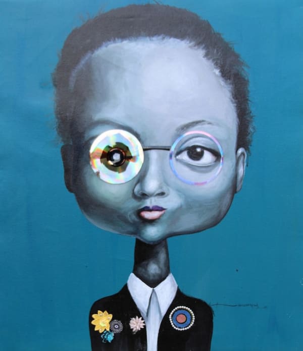 Rainbow Brigades III 2015 Acrylic trimmed out plastic printed fabrics embellishments and compact disk on canvas 90 x 85cm