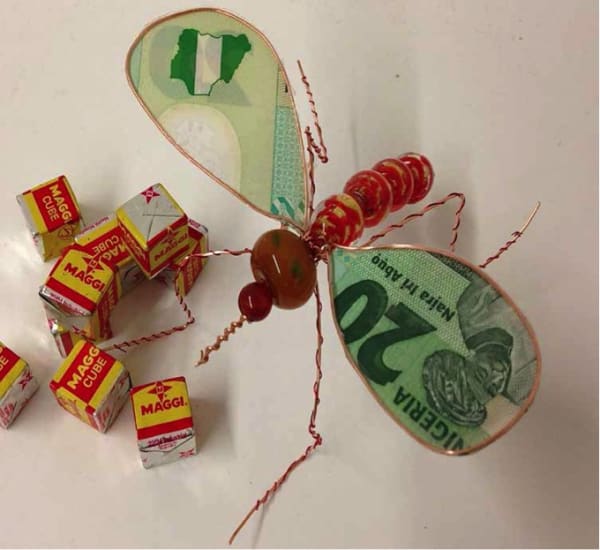 Adejoke Tugbiyele Moskito Ministry series 2011 African beads, tropical nuts, copper wire, maggi cubes and naira bills Varied dimensions