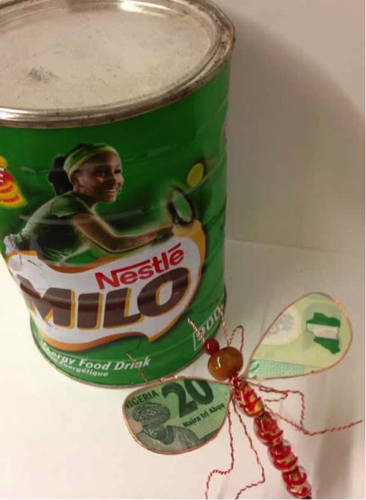 Adejoke Tugbiyele Moskito Ministry series 2011 African beads, tropical nuts, copper wire, milo tin and naira bills Varied dimensions
