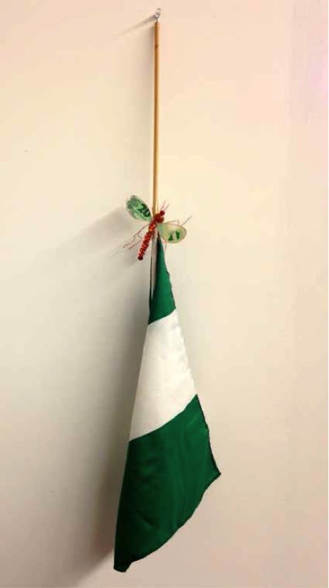 Adejoke Tugbiyele Moskito Ministry series 2011 African beads, tropical nuts, copper wire ,Nigerian flag and naira bills Varied dimensions