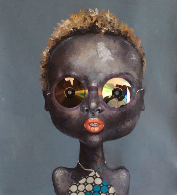 Rainbow Brigades I 2015 Acrylic trimmed out plastic printed fabrics and embellishments on canvas 80 x 70cm