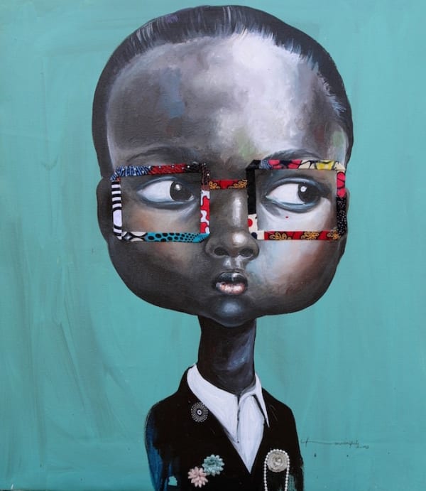 Rainbow Brigades II 2015 Acrylic trimmed out plastic printed fabrics and embellishments on canvas 80 x 70cm