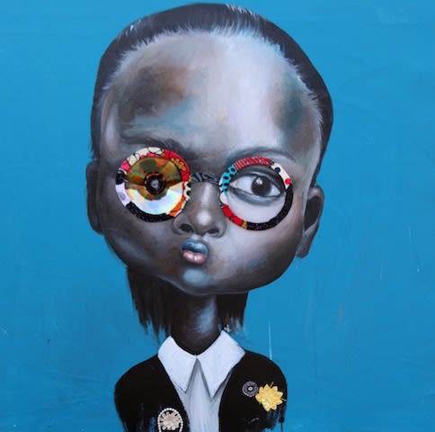 Rainbow Brigades IV 2015 Acrylic trimmed out plastic printed fabrics and embellishments on canvas 90 x 85cm
