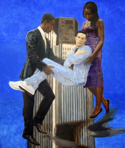 Kimathi Donkor Johnny Was Borne Aloft by Joy and Stephen Oil on linen 190 x 160cm
