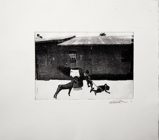 Natahlie Mba Bikoro The Ram Ain’t No Home 2012 Photo lithography black ink on ivory paper, artist’s proof 12 x 17.5cm Edition of 1