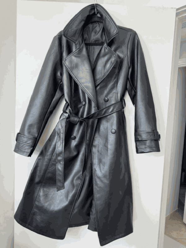 Black Leather Trench Coat, Size L