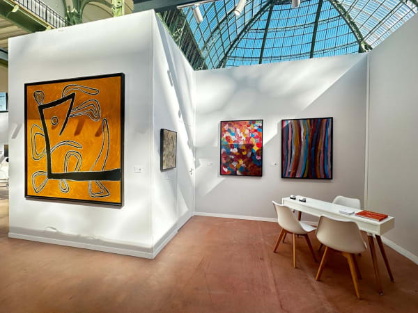 Installation shot Art Paris 2025 From left to right: Rover Thomas Joolama, Johnny Warangkula Tjupurrula & Minnie Pwerle