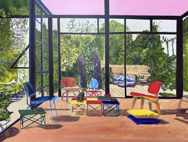 Eamon O'Kane, Eames Interior Pink Ceiling, Yellow and purple cushions, 2025