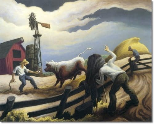 Thomas Hart Benton (1889-1975) Photographing the Bull, 1947 Egg tempera with oil on canvas mounted on board 27 x 36 inches