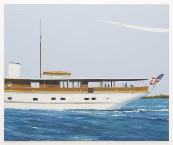 Julio Larraz The Innisfail on the Santa Ana, 2016 Oil on canvas, 60 x 72 inches Signed:Larraz (l.r.r.) For sale at Surovek Gallery