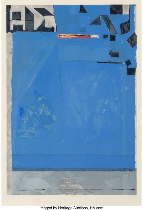 Richard Diebenkorn Blue with Red, 1987 Image: 33 7/8 x 23 inches Sheet: 37 1/2 x 25 1/2 Woodcut in colors, on Echizen kozo Mashi paper Edition: 174/200 Signed (initialed) lower right and dated. Numbered lower center For sale at Surovek Gallery