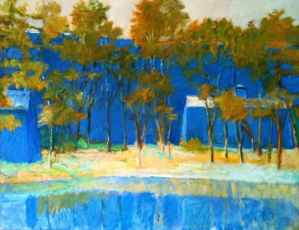 Wolf Kahn, Two Farm Buildings and a Pond, 1989 Oil on canvas 40 x 52 inches Framed Size: 41.25 x 53.25 inches