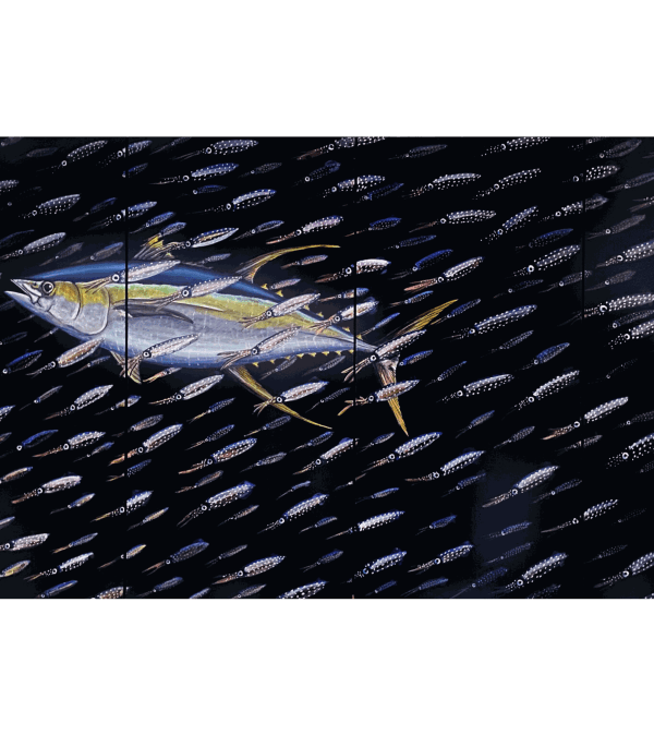 Andrew Thompson. Wood Duck recto Brook Trout and Chironomids verso, 2023. Acrylic on 5 hand carved paddles. Maple rack.