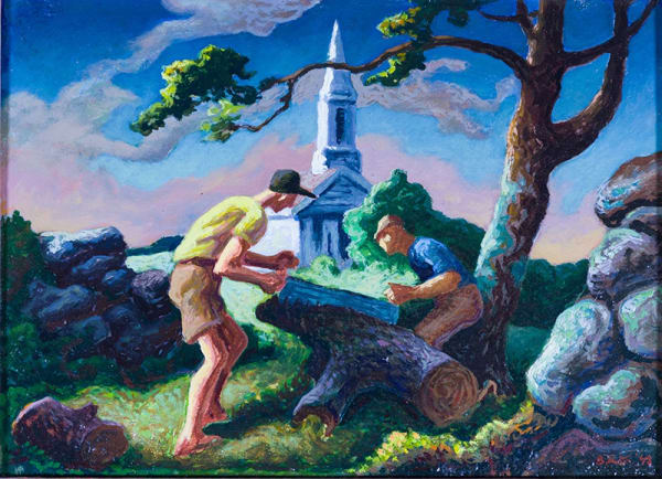 Thomas Hart Benton Woodcutters at Chilmark, 1948 Oil on masonite, 8 1/2 x 11 7/8 inches Signed and dated: Benton 48 (l.r.) For sale at Surovek Gallery