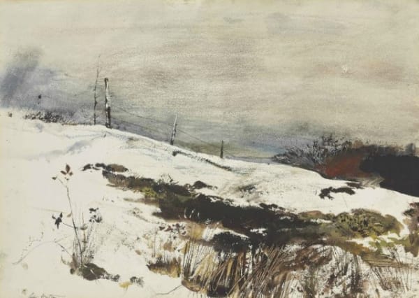 Andrew Wyeth, Over the Hill, 1953 Watercolor on paper, 20×28 inches, Signed: Andrew Wyeth (l.l.) For Sale at Surovek Gallery
