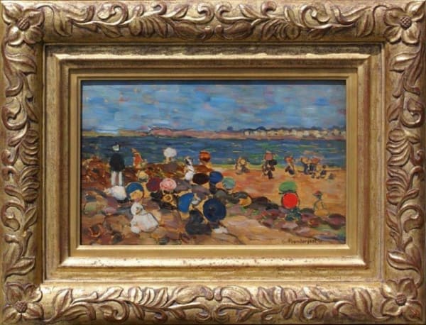 Maurice Prendergast On the Beach, St. Malo, c.1907 Oil on panel 8 1/4 x 13 inches Signed: Prendergast (l.r. in brown) For sale at Surovek Gallery