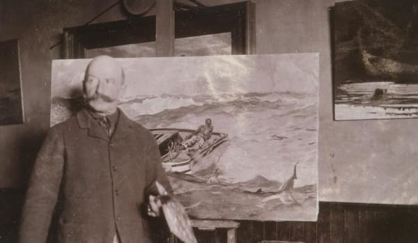 Winslow Homer with “The Gulf Stream” in his studio, ca. 1900, gelatin silver print, by an unidentified photographer. Bowdoin College Museum of Art