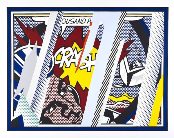 Roy Lichtenstein Reflections on Crash, 1990 Lithograph, screen print and metalized PVC on paper Image: 53 1/16 x 69″, Sheet: 59 1/8 x 75″ Signed, numbered, dated: 56/68 R Lichtenstein ‘90 For sale at Surovek Gallery