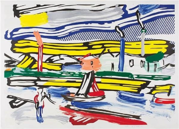 Roy Lichtenstein The River from the Landscape Series, 1985 Woodcut, lithograph and screenprint Image: 37 1/4 x 52 1/2 inches, Sheet: 40 1/4 x 55 5/8 inches, Edition: 51/60 Signed, numbered, dated lower right: R Lichtenstein ’85 For sale at Surovek Gallery