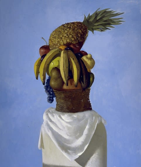 Julio Larraz Homage to Carmen Miranda ll, 2003 Oil on canvas, 72 x 60 inches Signed: Larraz (u.r.r.) For sale at Surovek Gallery