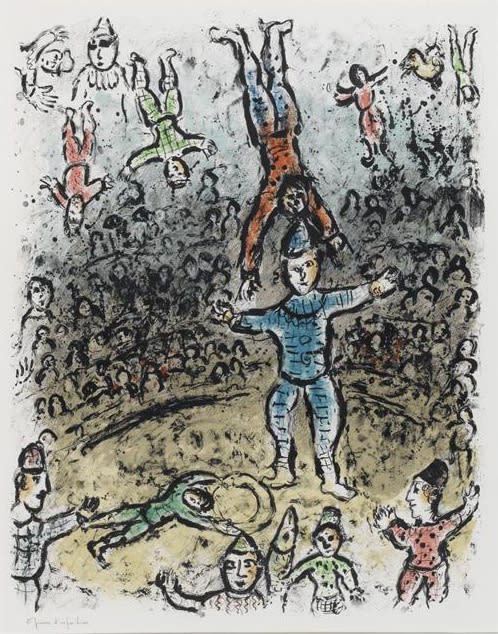 Marc Chagall Acrobats, 1984 Lithograph, Plate 24 x 18.7 inches, Sheet Size 32 x 25 1/2 inches Signed and numbered 24/50 Mourlot 1031 For sale at Surovek Gallery
