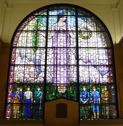 Grant Wood Stained glass window for the Veterans Memorial building, Cedar Rapids, Iowa, 1927 23 feet 6 inches high x 20 feet wide