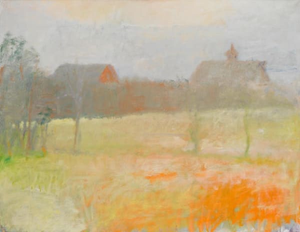 Wolf Kahn Two Barns at Dawn Oil on canvas, 36 3/8 x 48 1/4 For sale at Surovek Gallery