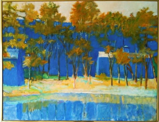 Wolf Kahn Two Farm Buildings and a Pond, 1989 Oil on canvas, 40 x 52, Framed size 41.25 x 53.25 inches For sale at Surovek Gallery