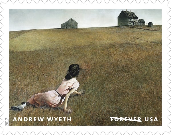 Christina’s World, was one of a series of twelve stamps, picturing work by Andrew Wyeth, released to commemorate what would have been his 100th birthday.