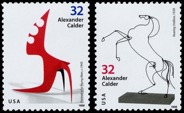 USPS stamps, issued in 1998, including Alexander Calder’s featuring Portrait of a Young Man (1945) and Rearing Stallion (1928).