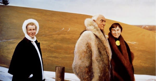 Bo Bartlett Painter’s Crossing, 1996 A painting of Andrew and Betsy Wyeth and Wyeth’s model, Helga Testorf