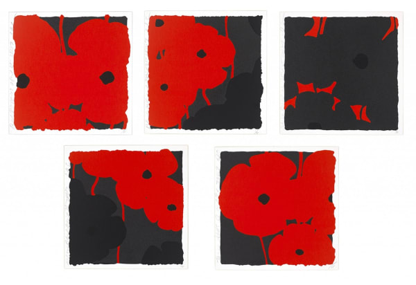 Donald Sultan Red Poppies, Suite of 5, 2007 Screenprints with Flocking 24 x 24 inches Edition of 75 Signed left side with title and “April 28 2007, DS” Signed lower right 16/75 For sale at Surovek Gallery