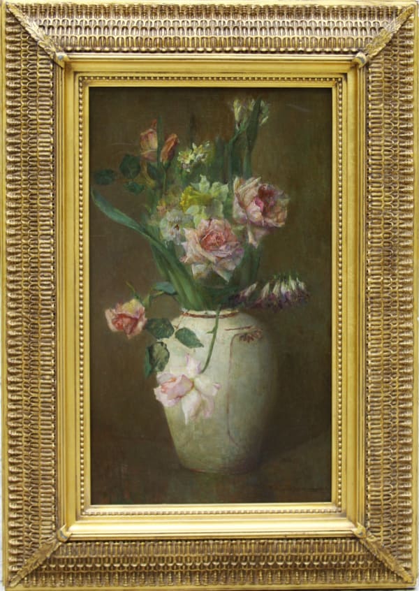Maria Oakey Dewing Spring Flowers with Roses, Daffodils and Larkspur, 1923 Oil on canvas 24 x 14 inches Signed and dated: Maria Oakey Dewing 1923 For sale at Surovek Gallery