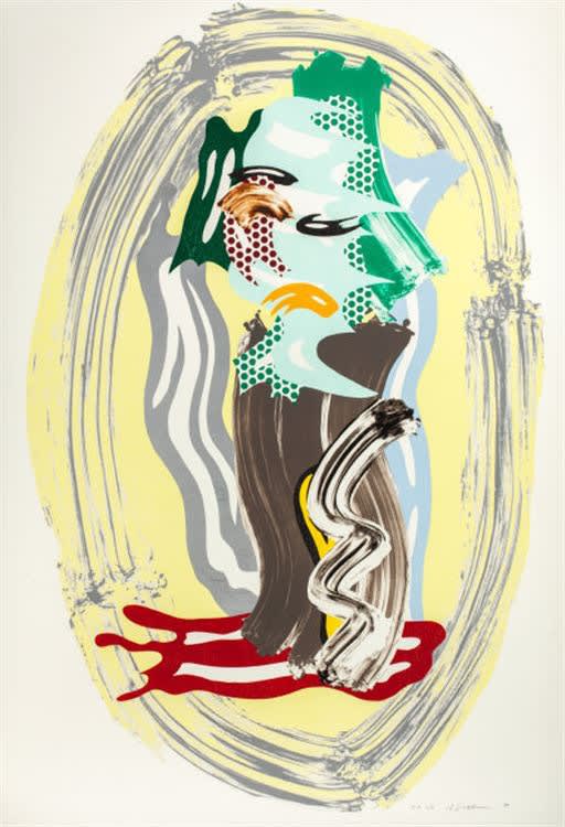 Roy Lichtenstein Green Face from the Brushstroke Figures Series, 1989 Lithograph, screenprint, waxtype and woodcut printed in colors on cold-pressed Saunders Waterford paper Image: 56 3/4 by 36 3/8 inches Sheet: 58 3/4 by 41 inches Numbered 26/60 (total edition includes eight artist’s proofs) Signed in pencil, dated, numbered with the blind- and inkstamp (verso) of the printer and publisher, Graphic Studio, Tampa For sale at Surovek Gallery