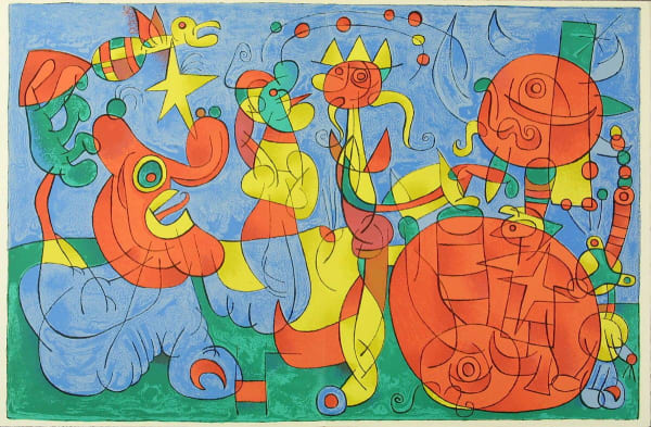 Joan Miró Chez Le Roi de Pologne : Ubu Roi, Planche III, 1966 Color lithograph on paper 19 7/16 x 26 7/8 inches Edition: 52/75 Signed Miró. (lower right), numbered (lower left) For sale at Surovek Gallery