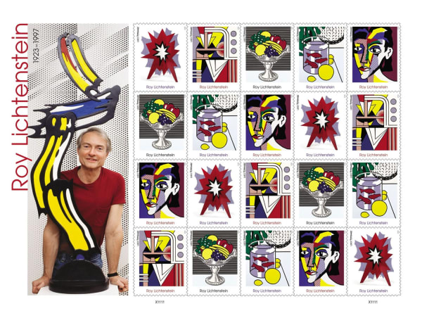 The US Post Office stamps from left to right (top row): Standing Explosion, 1965, Modern Painting, 1966, Still Life with Crystal Bowl, 1972, Still Life with Goldfish, 1972 and Portrait of a Woman, 1979.