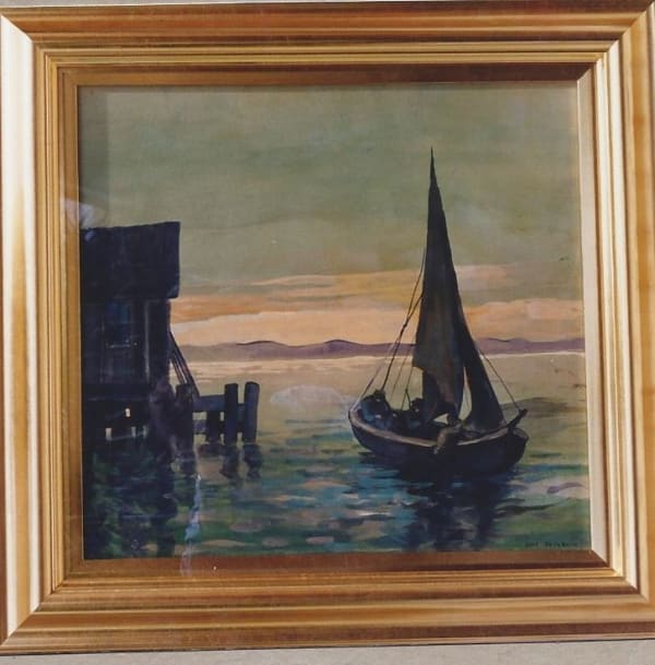 Jane Peterson Sailboat in Gloucester Harbor Gouache on paper 20 x 22 inches Signed: Jane Peterson (l.r.) For sale at Surovek Gallery