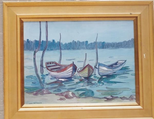 Jane Peterson Three Boats in Venice Gouache on paper 19 x 24 inches Signed: Jane Peterson (l.r.) For sale at Surovek Gallery