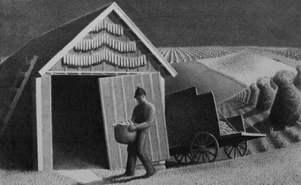 Grant Wood Seed Time and Harvest, 1937 Lithograph on wove paper 7.5 x 12.1 inches Edition: 250 Signed and dated in pencil lower right For sale at Surovek Gallery