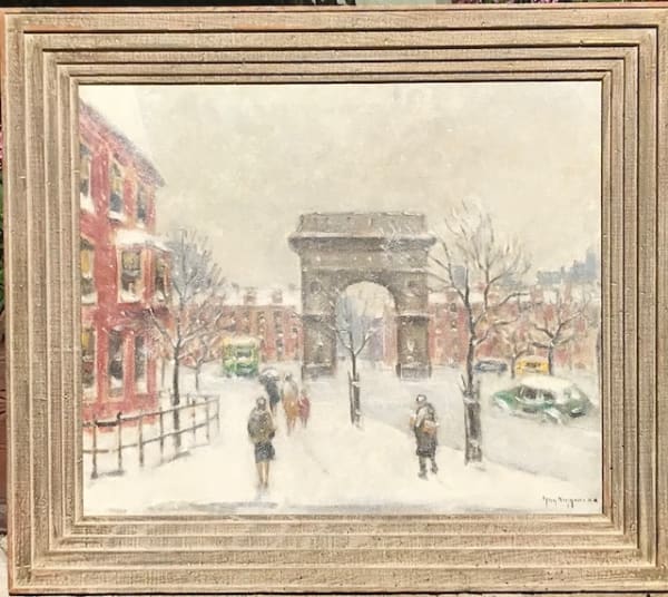 Guy Wiggins Washington Square, New York Winter, c.1936-40 Oil on canvas 25 x 30 inches Signed Guy Wiggins N.A. (l.r.) Signed, titled verso For sale at Surovek Gallery